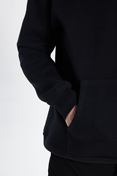 Tudors Unisex Oversize Geniş Kesim Pamuklu Yumuşak Dokulu Içi Polarlı Basic Siyah Kapüşonlu Sweatshirt