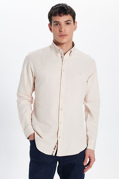 Tudors Pánská Slim Fit košile Oxford Texture – snadné žehlení, dlouhý rukáv, béžová, límeček s knoflíky