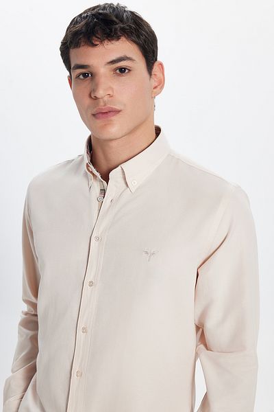 Tudors Pánská Slim Fit košile Oxford Texture – snadné žehlení, dlouhý rukáv, béžová, límeček s knoflíky