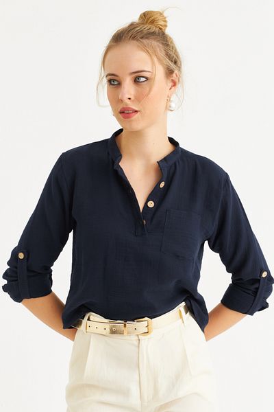 Cool & Sexy Navy Blue Buttoned Women's Ktet Gomkle Blouse - Bth17