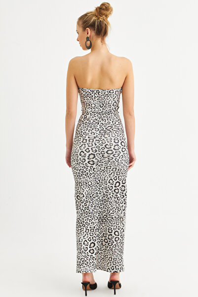 Cool & Sexy Γυναικείο Μίντι Φόρεμα με Στράπλες Σχισμό Camel-Μαύρο Λεοπάρ XC005