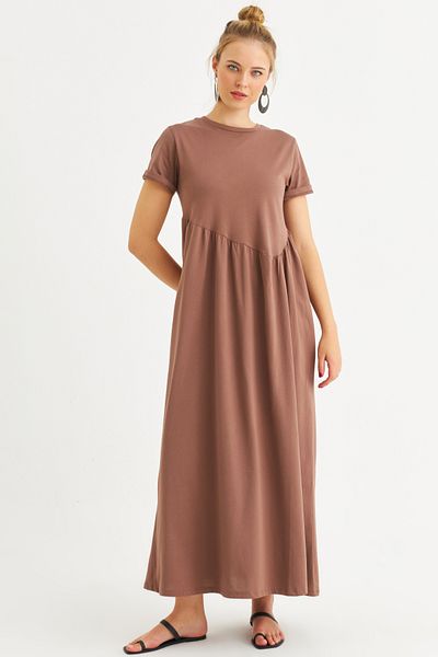 Cool & Modest Γυναικείο Μάξι Φόρεμα Milk Coffee με ασύμμετρη ραφή MDMR440