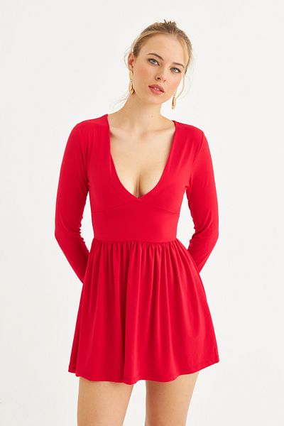 Cool & Sexy Rotes Mini-Damenkleid mit V-Ausschnitt – LIK17