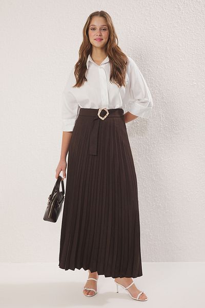 Trendyol Modest Καφέ Ζώνη Πλισέ Λεπτομερής Υφαντή Φούστα TCTSS25EE00013