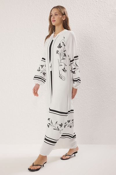 Trendyol Modest Ecru Floral Kaftan Tassel Detailed Woven Dress Tctss25Eb00102