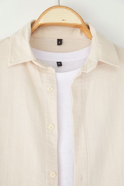 Edit by Trendyol Πέτρινο Oversize Fit Linen Look Πουκάμισο με γιακά υφαντό πουκάμισο TMNSS25GO00080