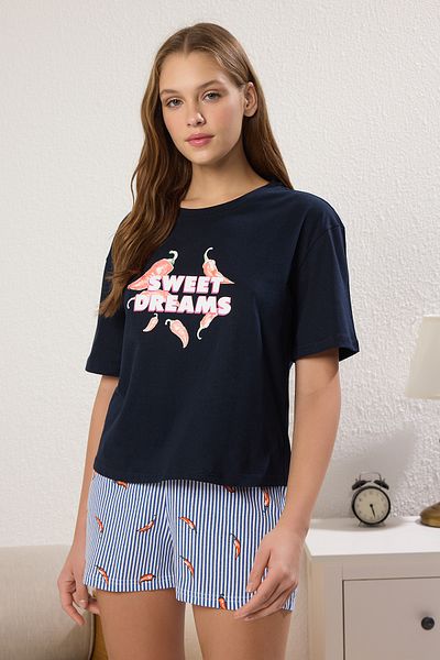 Trendyol Collection Navy Blue 100% Cotton Stripe Pepper Pattern Knitted Pajama Set with Shorts