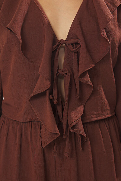 Trendyol Collection Brown Ruffle Krinkle Woven Tie-Up Detail Blouse Shorts Bottom-Top Set Twoss25Au00109