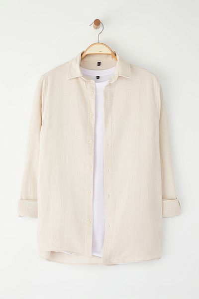 Edit by Trendyol Πέτρινο Oversize Fit Linen Look Πουκάμισο με γιακά υφαντό πουκάμισο TMNSS25GO00080