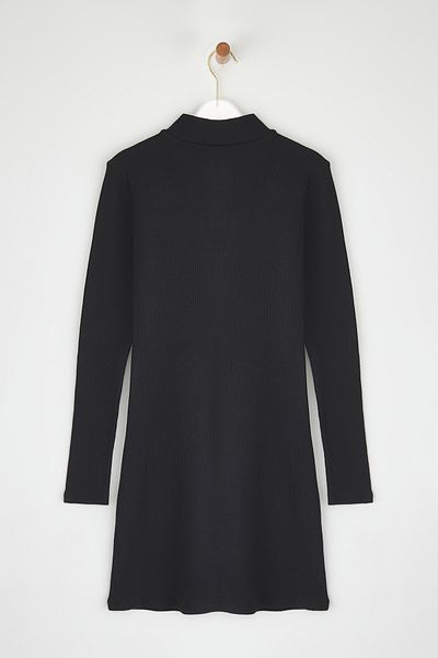 Edit by Trendyol Stretchy Corded Black Knitted Dress - Zippered Collar, Fitted TEDAW25EL00000
