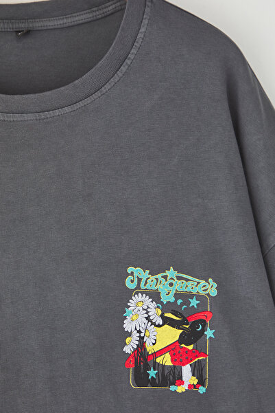 Trendyol Collection Large Size Anthracite Oversize T-Shirt 100% Cotton Tedss25Bf00001