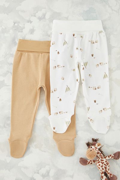 TRENDYOLKIDS Ecru-Camel 2er-Pack gestrickte Baby-Hose aus 100 % Baumwolle mit Tiermuster TKDSS25PL00012