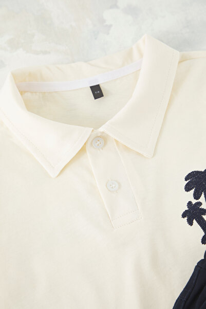 TRENDYOLKIDS Beige Male Child 100% Cotton Embroidered Polo Neck Short Sleeve Tkdss25Au00089