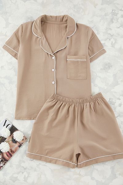 Trendyol Curve Mink Shirt Collar Piping Textured Woven Pajamas Set