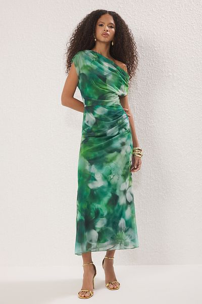 Trendyol Collection Grünes und mehrfarbiges, abstraktes, gemustertes, gefüttertes Midi-Abendkleid, Nachtabendkleid TPRSS25EL00015