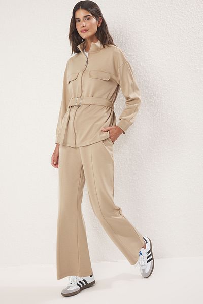 Trendyol Modest Σετ μεταξωτό Interlock Bottom-Top Mink Oversize TCTSS25US00040