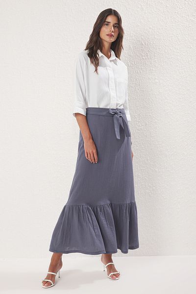 Trendyol Modest Anthracite Hem Ruffle Detailed Cotton Belt Lined Woven Skirt Tctss25Ee00015