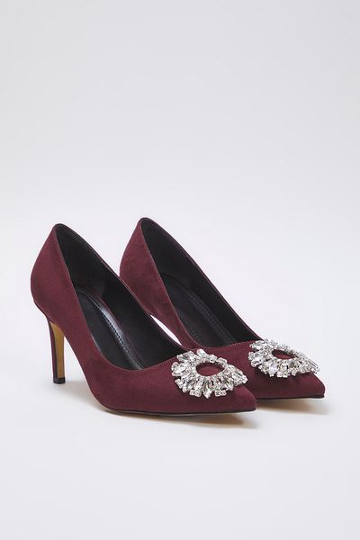 TRENDYOL SHOES Дамски класически вечерни обувки на тънък ток с камъни в бордо TAKAW25TO00030