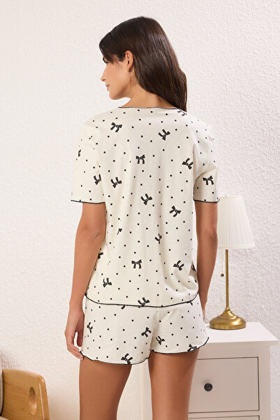 Trendyol Collection 100% Ecru Cotton Ribbon / Bow and Polka Dot Patterned Shorts Knitted Pajama Set