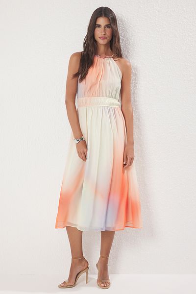 Trendyol Collection Skirt Waist Open Waist Elastic Detailed Lined Chiffon Woven Dress