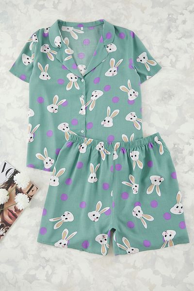 Trendyol Curve Mintgrünes Pyjama-Set mit gewebtem Hemdkragen und Kaninchenmuster TBBSS24AI00072