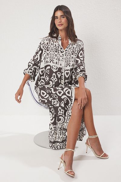 Trendyol Collection Καφέ Midi Φαρδιά Κοπή Μοτίβο Χειροποίητο Φόρεμα TWOSS24EL01019