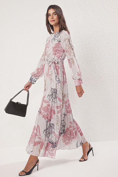 Trendyol Modest Rochie țesătă din șifon cu pliuri, cu căptușeală florală, pudră, TCTSS24EB00151