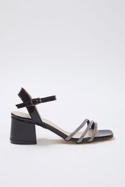 TRENDYOL SHOES Schwarzer Stein, quadratische Zehenpartie, Damen-Abendkleid, Blockabsatz-Sandalen TAKSS25TO00067