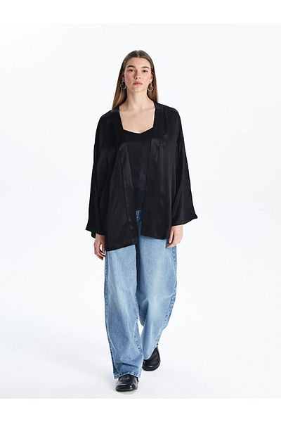 LC Waikiki Xside Black Shawl Collar Oversize Satin Women's Kimono