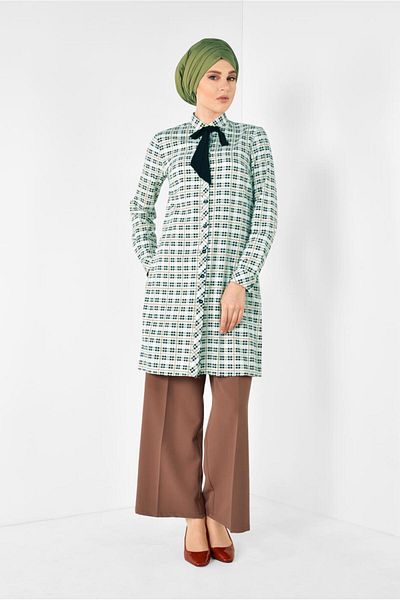 Alvina Plaid Patterned Tunic with Lace-Up Collar 4912