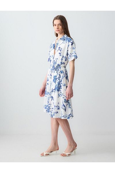 Jimmy Key White Relaxed Cut Shirt Collar Short Sleeve Patterned Midi Dress