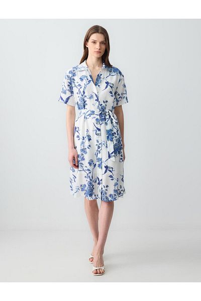 Jimmy Key White Relaxed Cut Shirt Collar Short Sleeve Patterned Midi Dress
