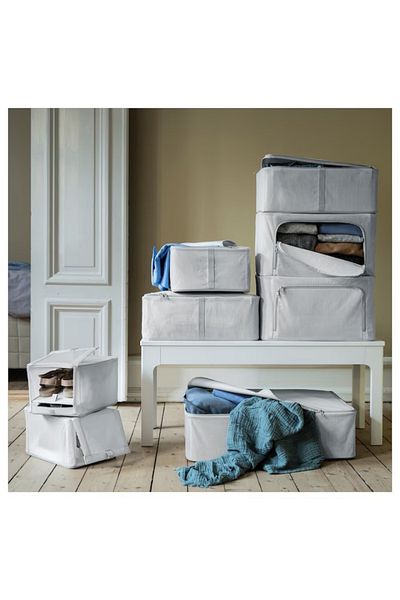 IKEA HEMMAFIXARE Storage Case – Fabric Striped White/Grey, 69x51x19 cm – Sturdy & Stackable