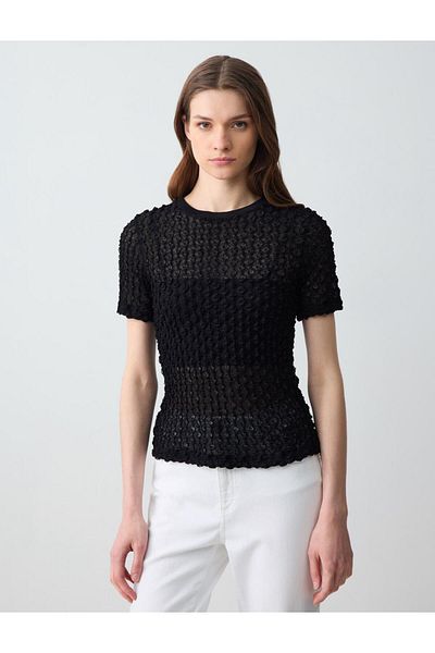 Jimmy Key Black Slim Fit Crew Neck Short Sleeve Lace Knitted Blouse