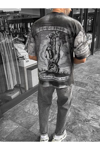 BYBASICMAN Black Washed Digital Printed Oversize T-Shirt Yp-5059