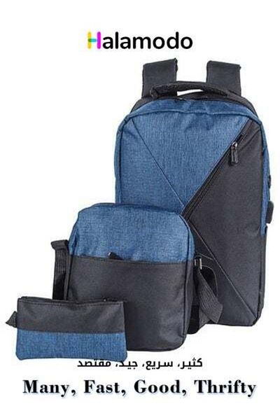 HALAMODO 3 Pieces Set of Simple Computer Bag Large Capacity Backpack with USB Charging Port Blue