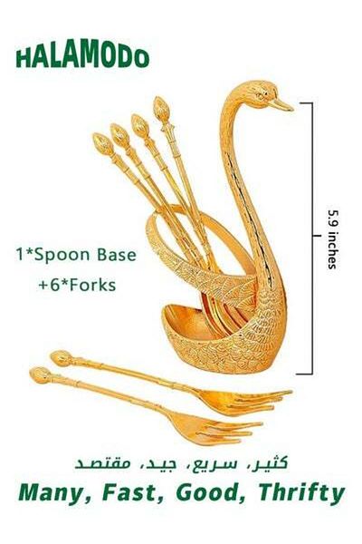 HALAMODO Decorative Swan Base Holder, with 6 PCS 4.7" Dessert Fork Set, Creative Gold Fruit Fork, Food Grade
