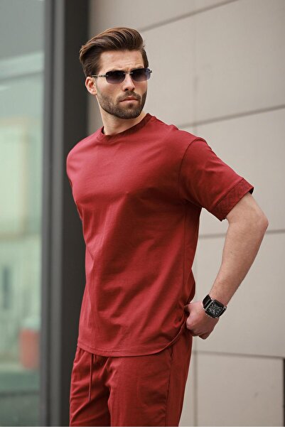 Madmext Claret Red Printed 100% Cotton Men's Shorts T-Shirt Set E7312