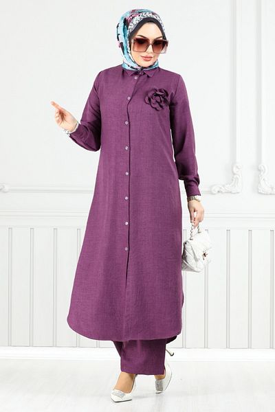 ModaMerve Costum Hijab cu nasturi în față 815OZR1047-M Mov