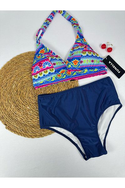 FUNELLA Tie Dye Print High Waist Neck Tie Stylish Bikini Set
