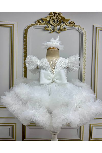 İlknur Karaca Design White Beaded Sequin Girl's Dress Special Occasion Dress