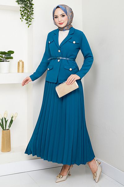 ModaMerve Σετ φούστα με διπλό γιακά με ζώνη 16201BSK984-M Indigo