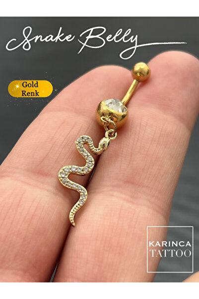 Karınca Piercing Yılan Sallantılı Gold Altın Rengi Taşlı Göbek Piercing