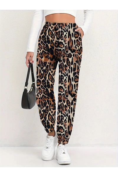 KİM Kİ O PANTALONI JOGGER CASUAL PENTRU FEMEI CU PRINT LEOPARD CU BUZE ELESTICE CU TALIE Tesatura subtire din poliester