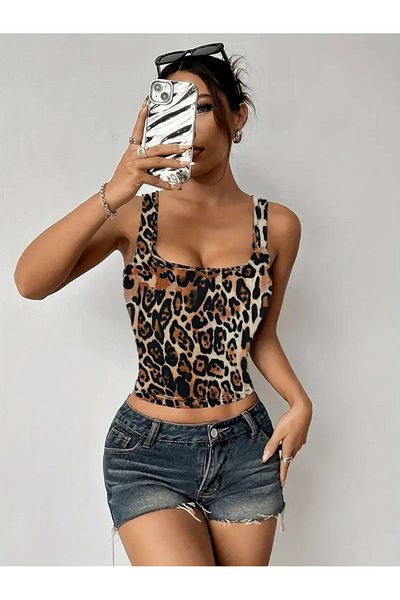 KİM Kİ O Women's Leopard Square Neck Sleeveless Crop Top 1667