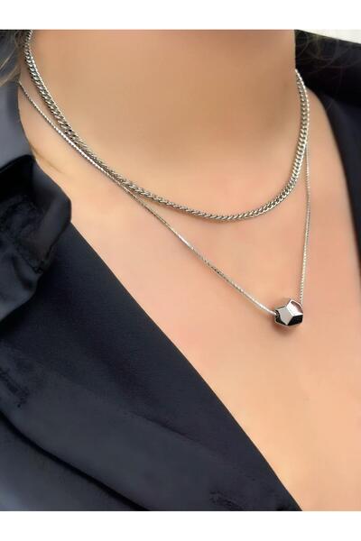 MyladyAccessoriess Gümüş Kaplama Köşeli Topçuk ve Vintage Zincir Detaylı İkil...