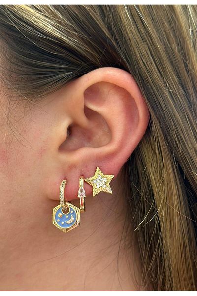 MyladyAccessoriess مجموعة نجوم القمر - أقراط من المينا الزرقاء مع تفاصيل من الفولاذ والذهب