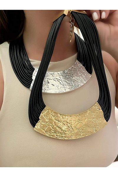 MyladyAccessoriess Parachute Rope Design Multiple Leather Plate Necklace (45 Cm) Gold