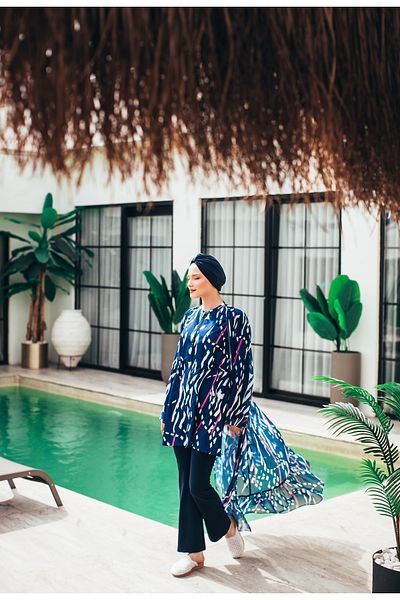 MASSMİZO Electra Women's Short Patterned Zippered Full Covered Hijab Swimsuit Set of 3