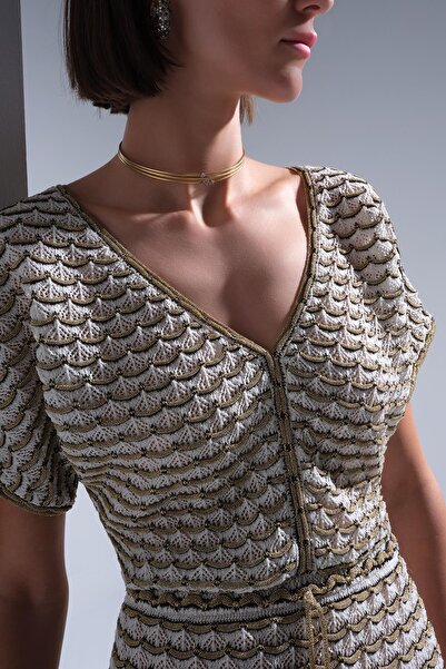 JOIN US V-Neck Beige Midi Dress with Elastic Waist